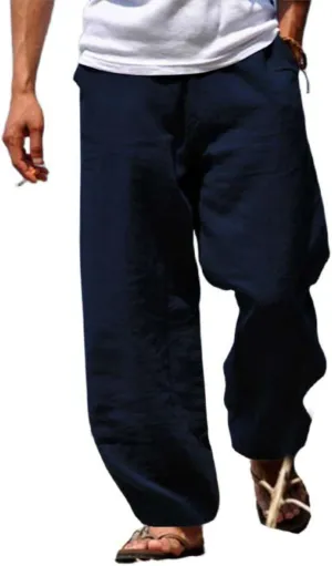 Wankang Linen Pants for Men Loose Fit Elastic Waist Drawstring Yoga Beach Pants Casual Lightweight Hippie Trousers
