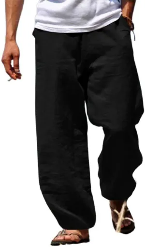 Wankang Linen Pants for Men Loose Fit Elastic Waist Drawstring Yoga Beach Pants Casual Lightweight Hippie Trousers