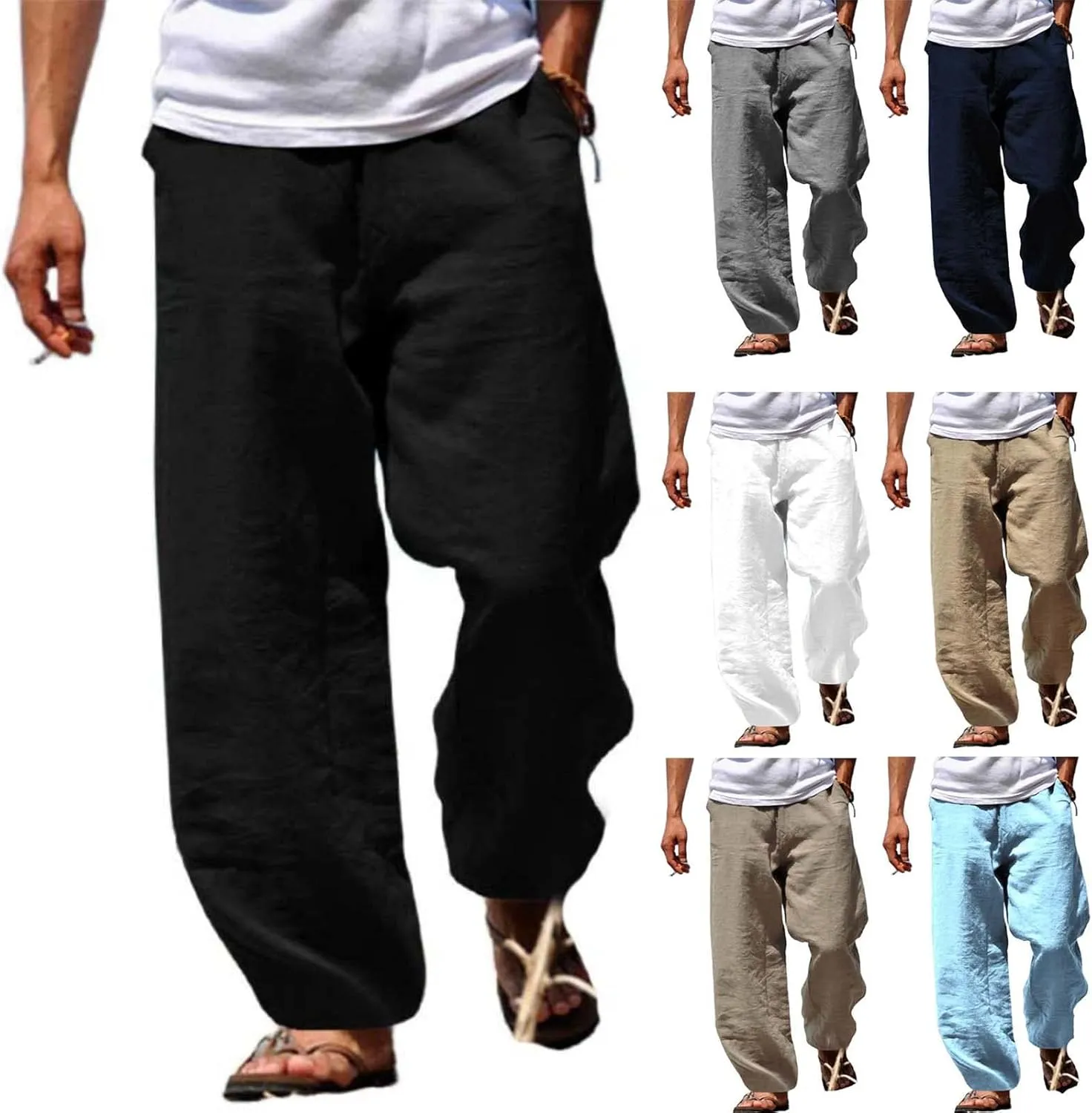 Wankang Linen Pants for Men Loose Fit Elastic Waist Drawstring Yoga Beach Pants Casual Lightweight Hippie Trousers
