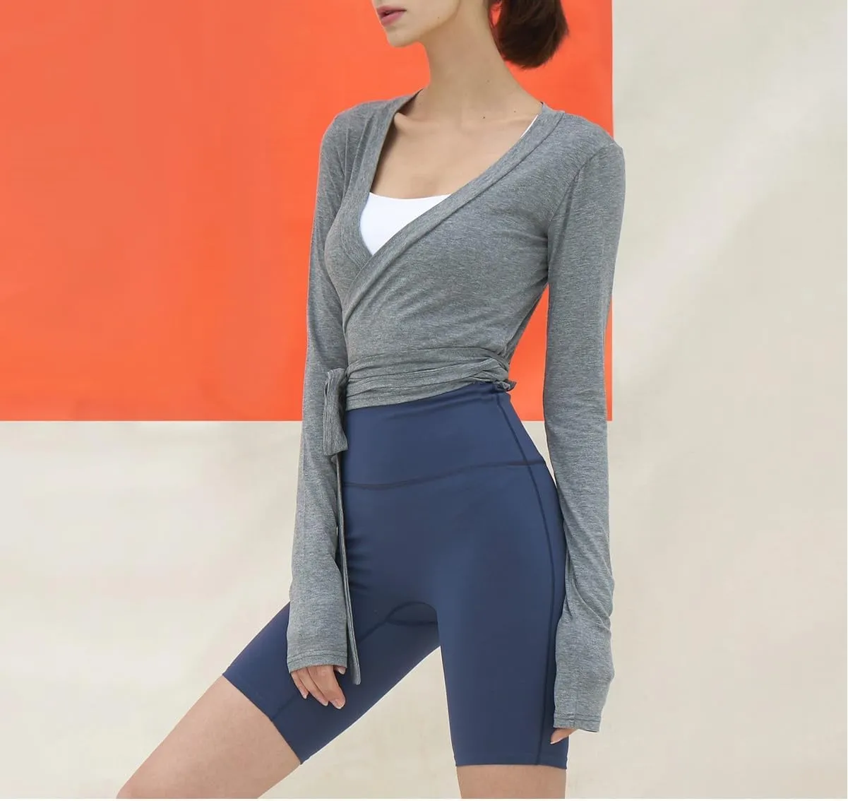 Women Cross Wrap Top Y2K Long Sleeve Deep V Neck Yoga Crop Top Tie Up Workout Ballet Top Shirt Blouse