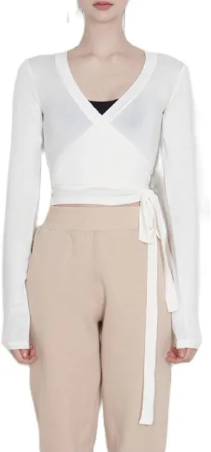 Women Cross Wrap Top Y2K Long Sleeve Deep V Neck Yoga Crop Top Tie Up Workout Ballet Top Shirt Blouse
