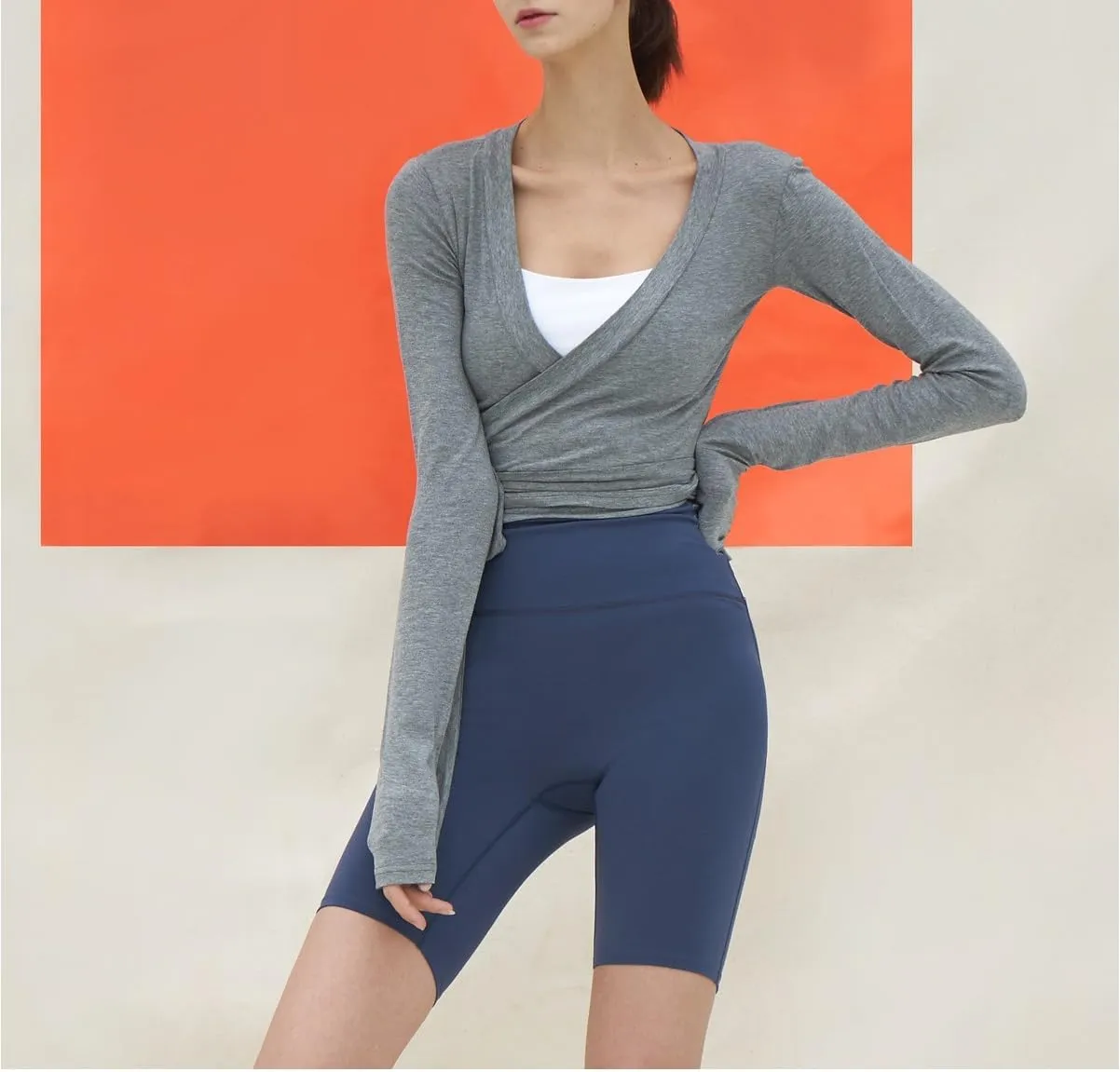 Women Cross Wrap Top Y2K Long Sleeve Deep V Neck Yoga Crop Top Tie Up Workout Ballet Top Shirt Blouse