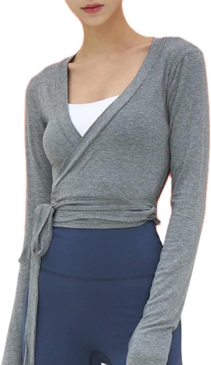 Women Cross Wrap Top Y2K Long Sleeve Deep V Neck Yoga Crop Top Tie Up Workout Ballet Top Shirt Blouse