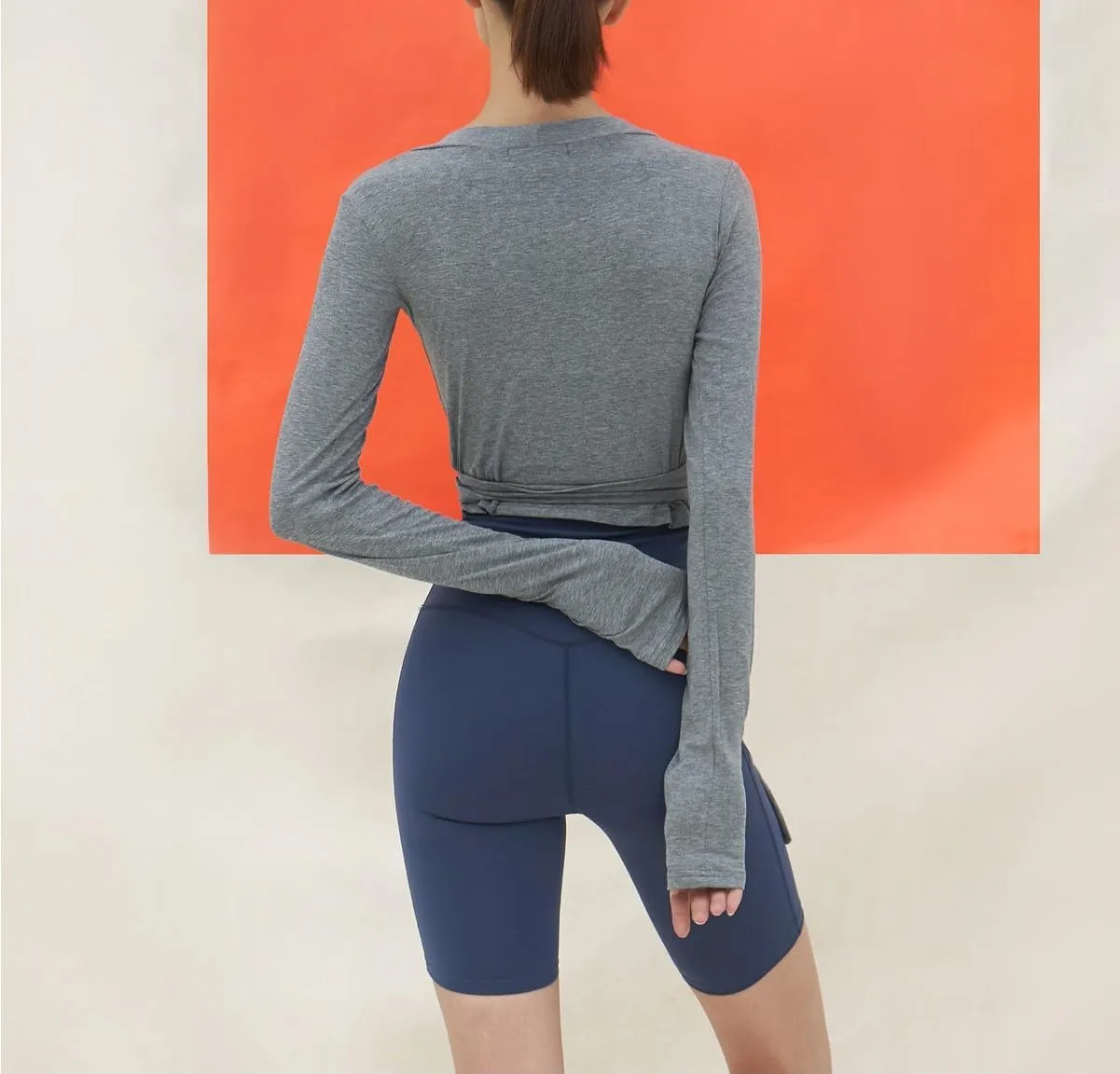 Women Cross Wrap Top Y2K Long Sleeve Deep V Neck Yoga Crop Top Tie Up Workout Ballet Top Shirt Blouse