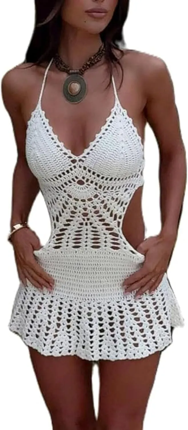 Women Halter Bodycon Mini Dress Hollow Out Backless Knitted Dress Sexy Beach Party Vacation Dress