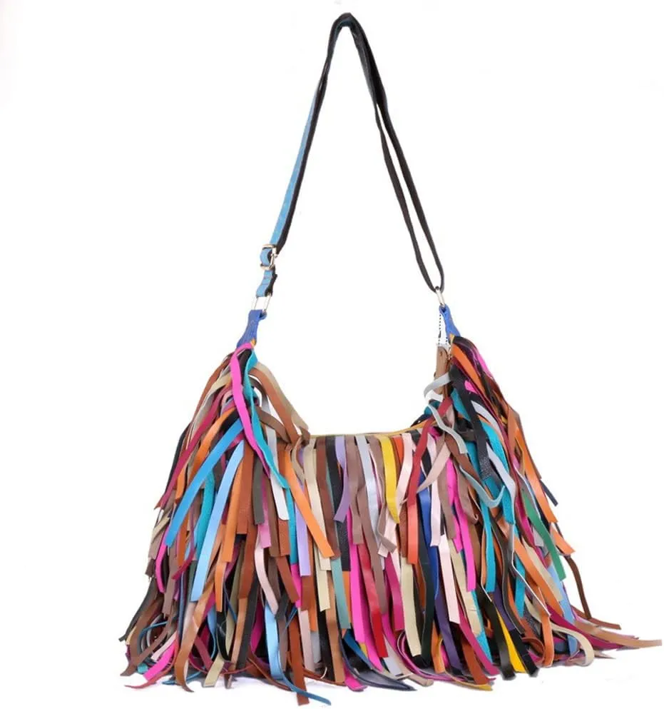 Women Multicolour Handbag Sheepskin Patchwork Shoulder Bag Colorful Tassel Purse