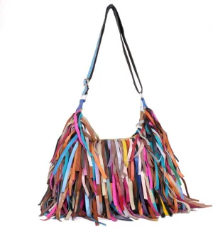 Women Multicolour Handbag Sheepskin Patchwork Shoulder Bag Colorful Tassel Purse