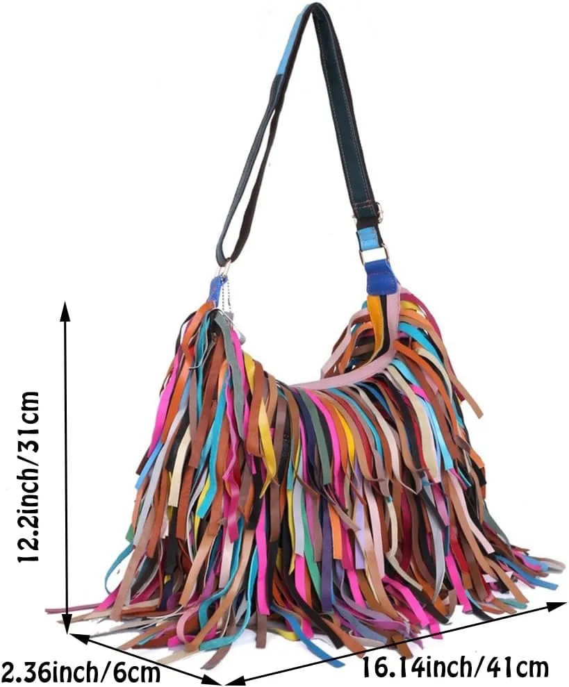 Women Multicolour Handbag Sheepskin Patchwork Shoulder Bag Colorful Tassel Purse