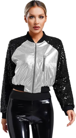 Women Shiny Metallic Bomber Jacket Holographic Glitter Zipper Jackets Coat Rave Party Outerwear