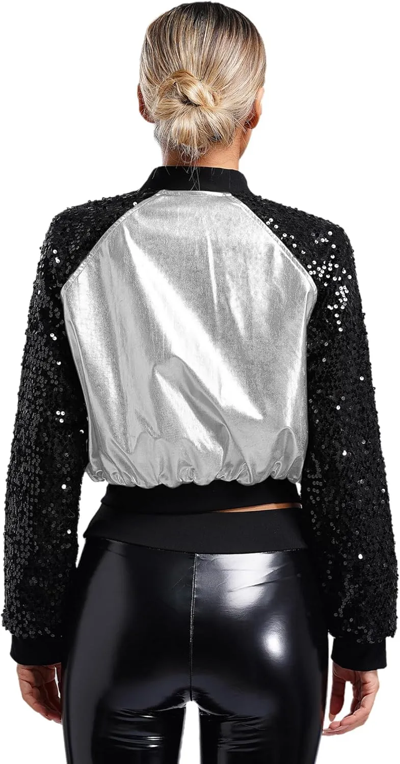 Women Shiny Metallic Bomber Jacket Holographic Glitter Zipper Jackets Coat Rave Party Outerwear