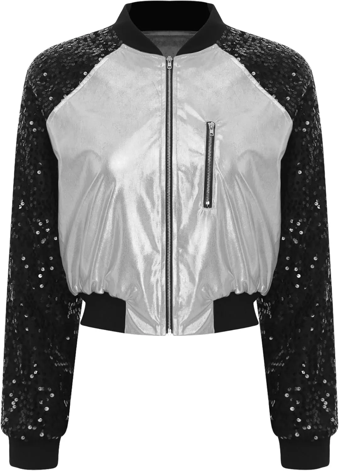 Women Shiny Metallic Bomber Jacket Holographic Glitter Zipper Jackets Coat Rave Party Outerwear