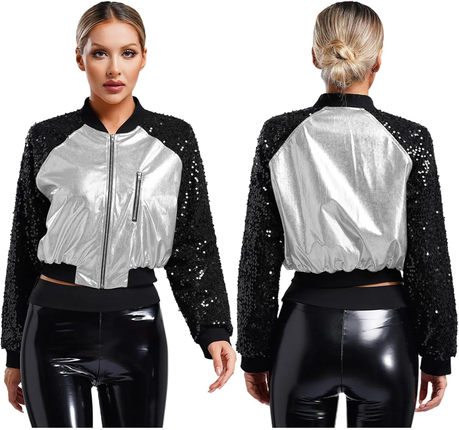Women Shiny Metallic Bomber Jacket Holographic Glitter Zipper Jackets Coat Rave Party Outerwear