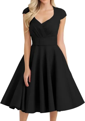 Women's 1950S Vintage Dress Wrap V Neck Cap Sleeve Dress Retro Cocktail Party Swing Dresses A-Line Flared Midi Dress