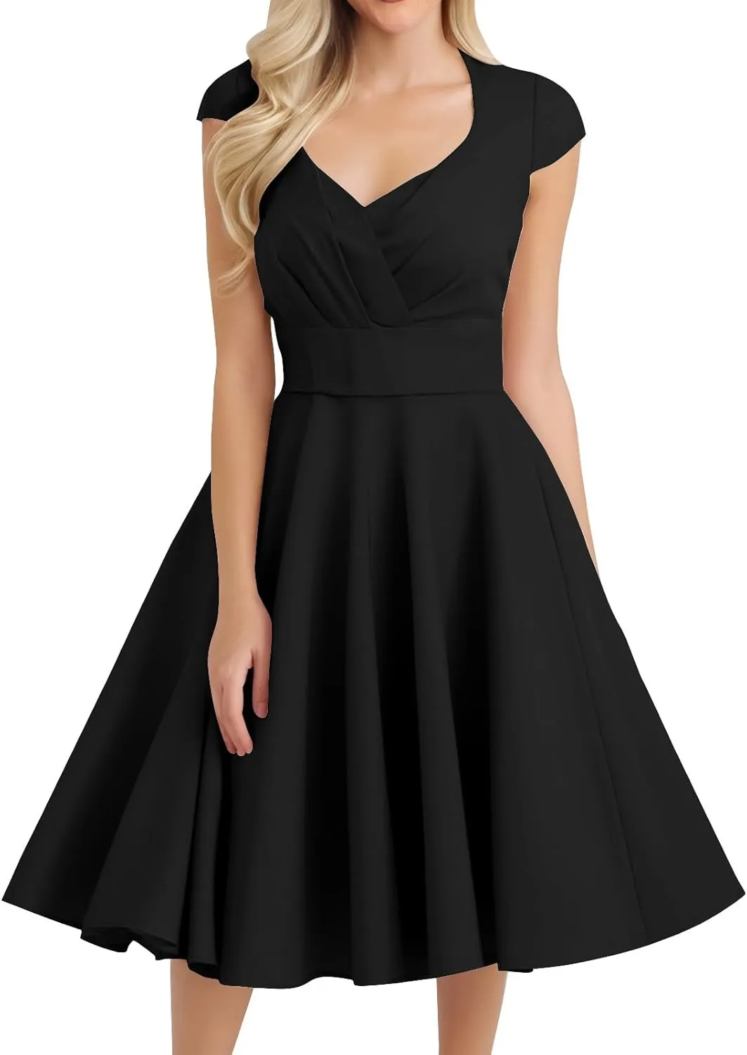 Women's 1950S Vintage Dress Wrap V Neck Cap Sleeve Dress Retro Cocktail Party Swing Dresses A-Line Flared Midi Dress