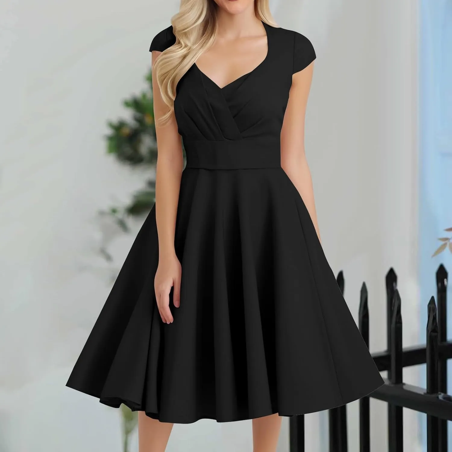 Women's 1950S Vintage Dress Wrap V Neck Cap Sleeve Dress Retro Cocktail Party Swing Dresses A-Line Flared Midi Dress