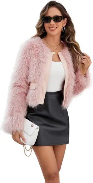 Womens Faux Fur Cropped Coats Fuzzy Winter Jacket Long Sleeve Open Front Cardigan Top Fluffy Warm Outwear