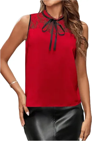 Women's High Neck Tank Top Sleeveless Lace Patchwork Tie Neck Loose Fit Work Blouse