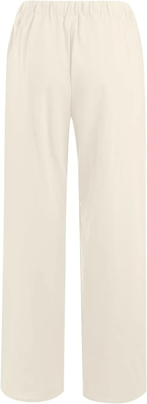 Womens Linen Pants Summer Flowy High Waisted Beach Pants Flowy Wide Leg Palazzo Trousers with Pcokets