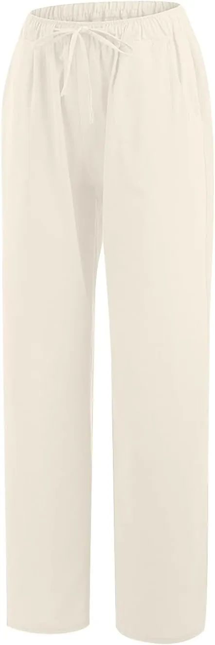 Womens Linen Pants Summer Flowy High Waisted Beach Pants Flowy Wide Leg Palazzo Trousers with Pcokets