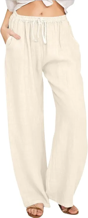 Womens Linen Pants Summer Flowy High Waisted Beach Pants Flowy Wide Leg Palazzo Trousers with Pcokets