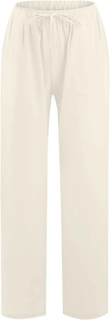 Womens Linen Pants Summer Flowy High Waisted Beach Pants Flowy Wide Leg Palazzo Trousers with Pcokets