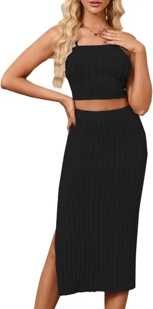 Womens Summer 2 Piece Skirt Sets Spaghetti Cami Crop Top Bodycon Side Slit Midi Dress Outfits