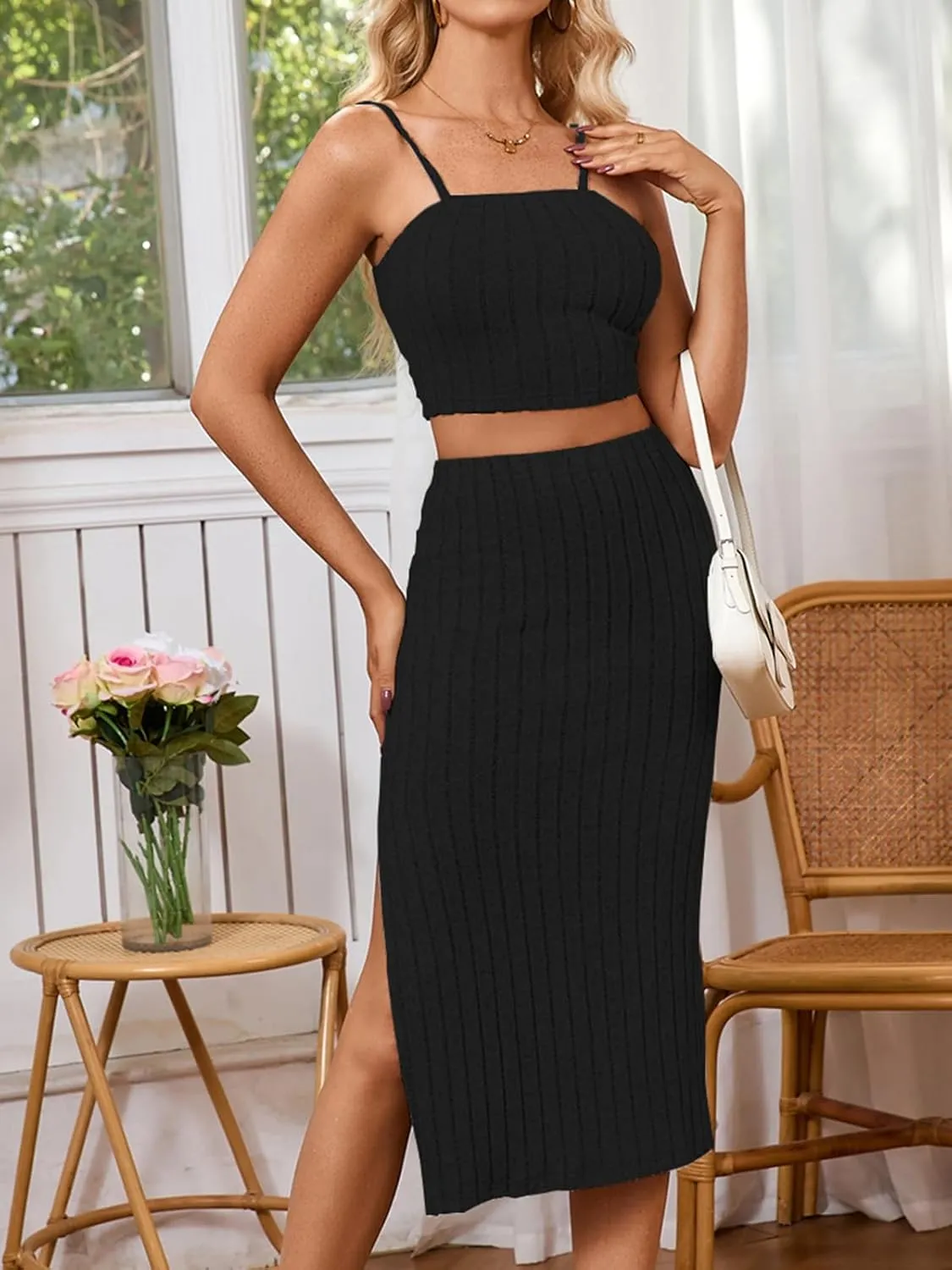 Womens Summer 2 Piece Skirt Sets Spaghetti Cami Crop Top Bodycon Side Slit Midi Dress Outfits