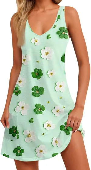 Women's Summer Dresses 2025 Printed Swimsuit Coverup Beach Vacation Sundress Sleeveless Casual Dress with Pocket