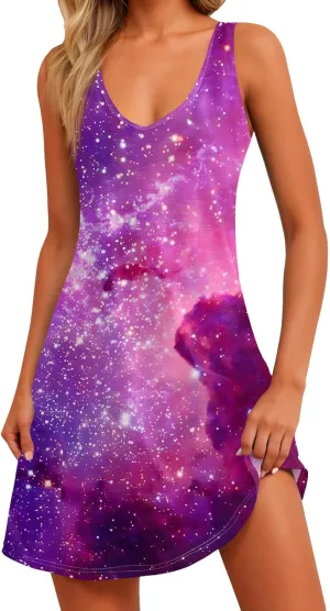 Womens Summer Dresses Beach Printed Sundress Sleeveless 2025 Swimsuit Coverup Vacation V Neck Dress with Pocket
