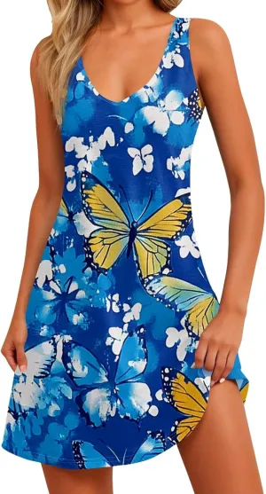 Womens Summer Dresses Beach V Neck Swimsuit Coverup Vacation Casual Dress with Pocket 2025 Printed Sundress