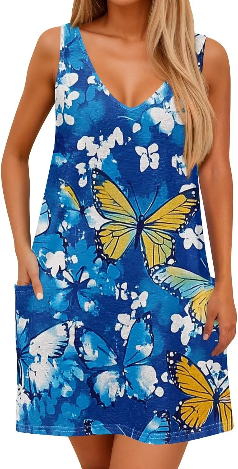 Womens Summer Dresses Beach V Neck Swimsuit Coverup Vacation Casual Dress with Pocket 2025 Printed Sundress