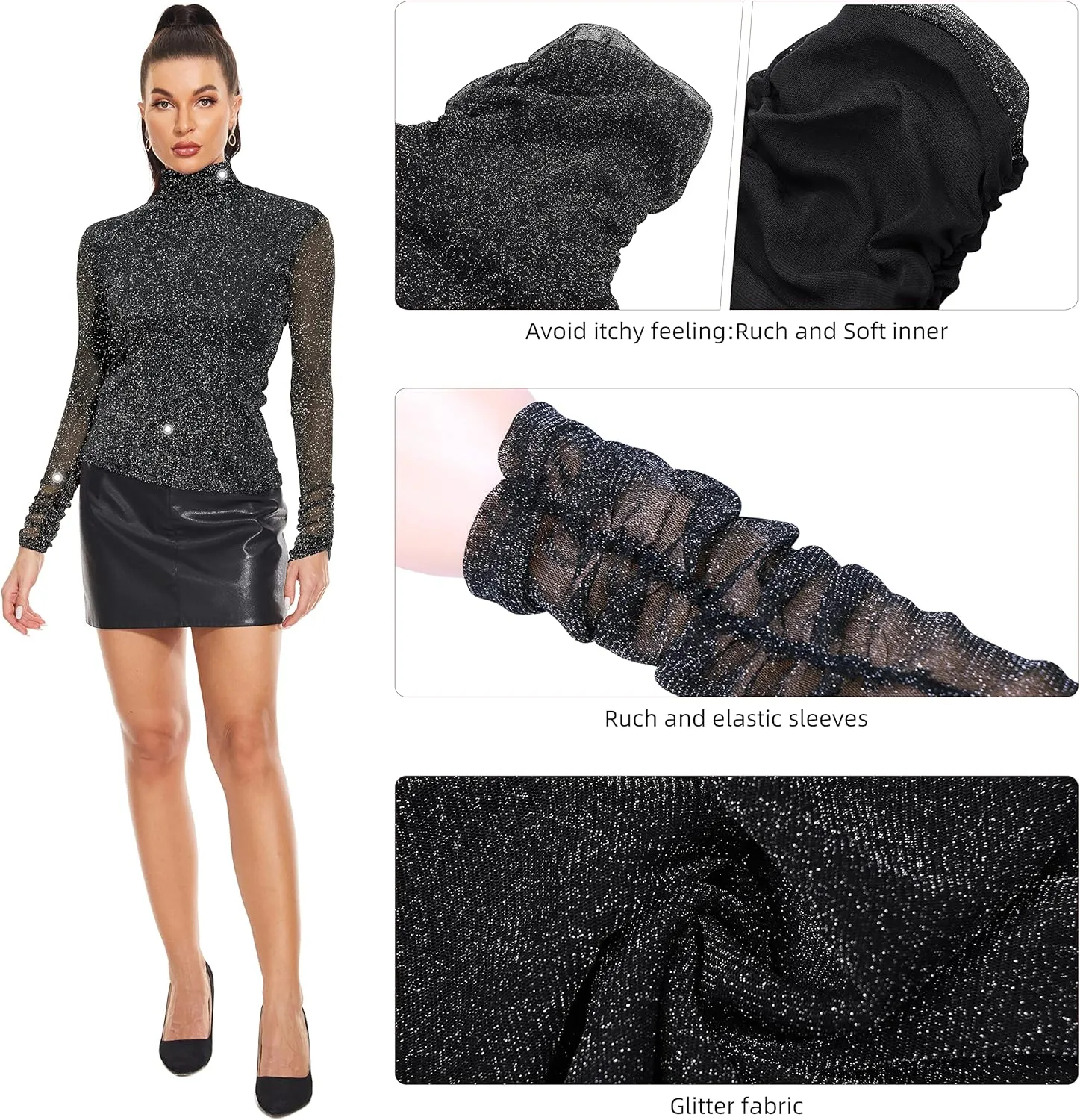 Women's Turtleneck Top Long Sleeve Slim Fit Shirts Mesh Sheer See Through Casual Top