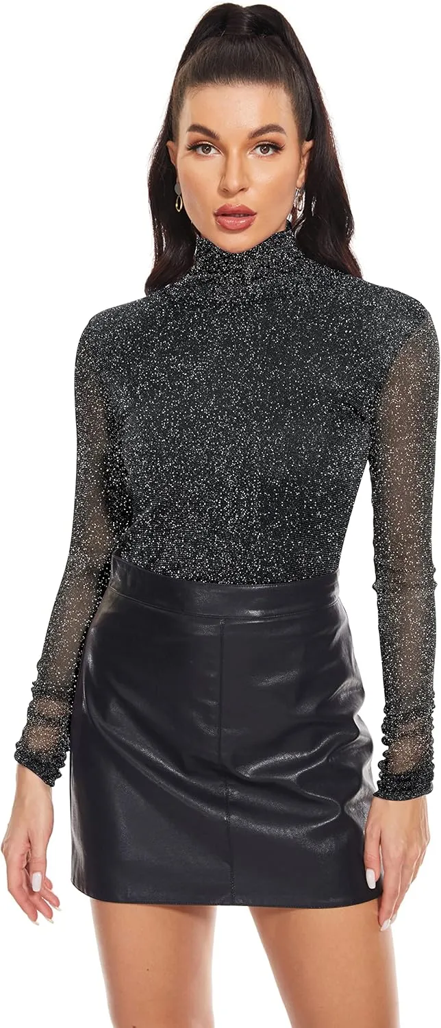 Women's Turtleneck Top Long Sleeve Slim Fit Shirts Mesh Sheer See Through Casual Top